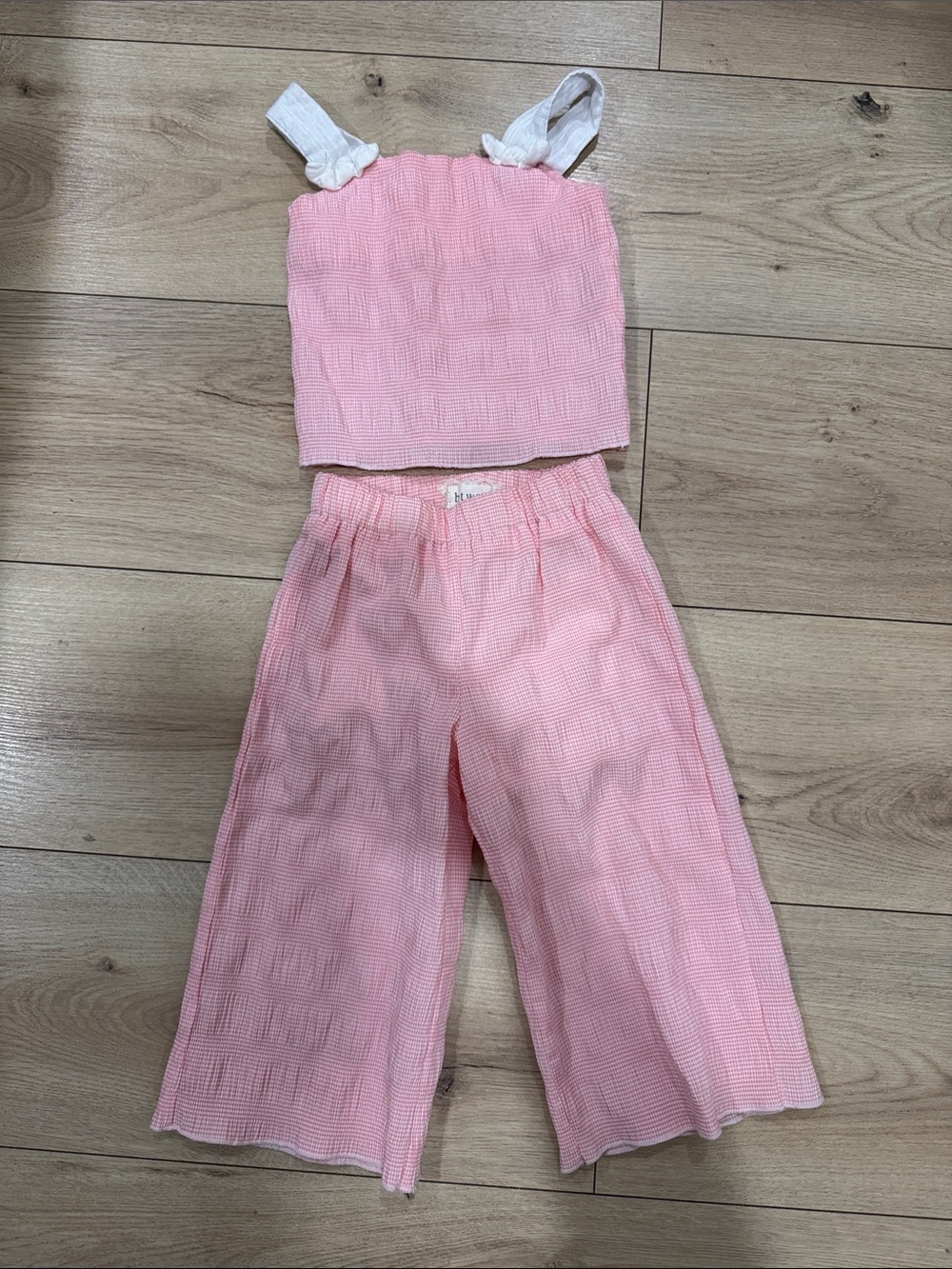 Pink Two-Piece Smocked Crop Top & Wide Leg Pants Set